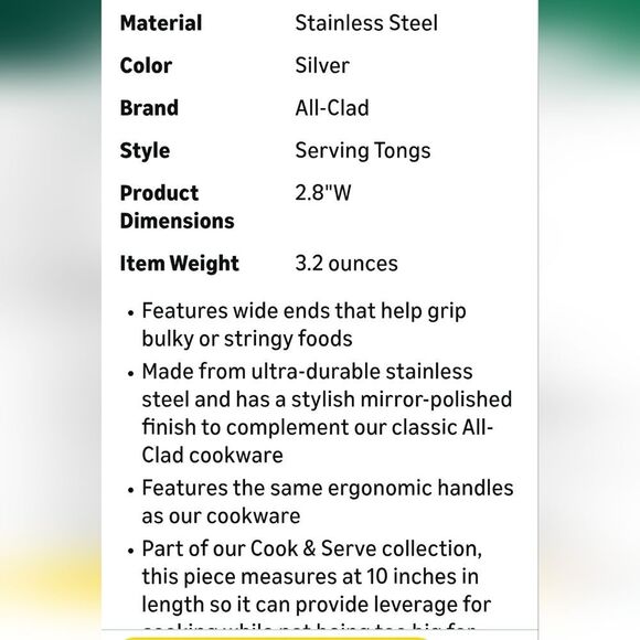 All-Clad Stainless Steel 9.5" Serving Tongs - Picture 5 of 9